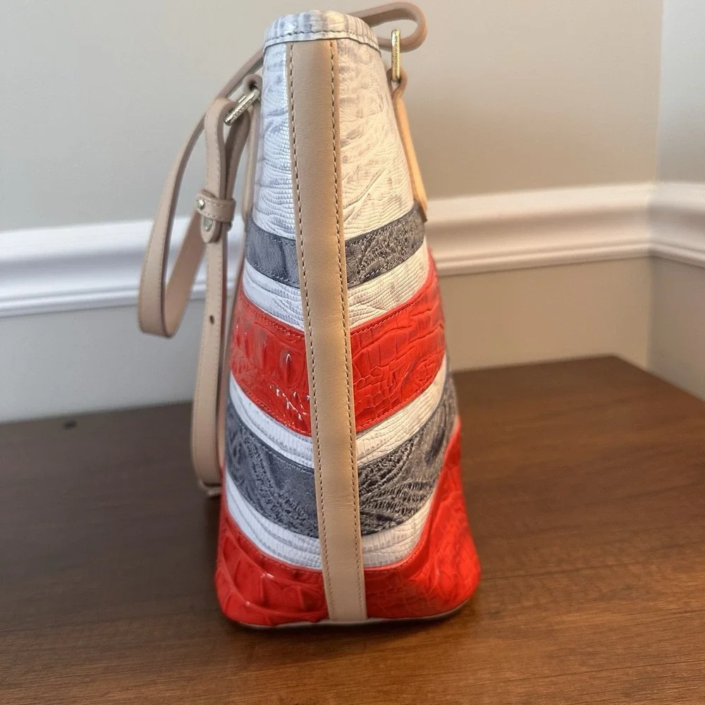 Brahmin Mini Asher Leather Satchel Shoulder Bag Gray Red Striped Preppy